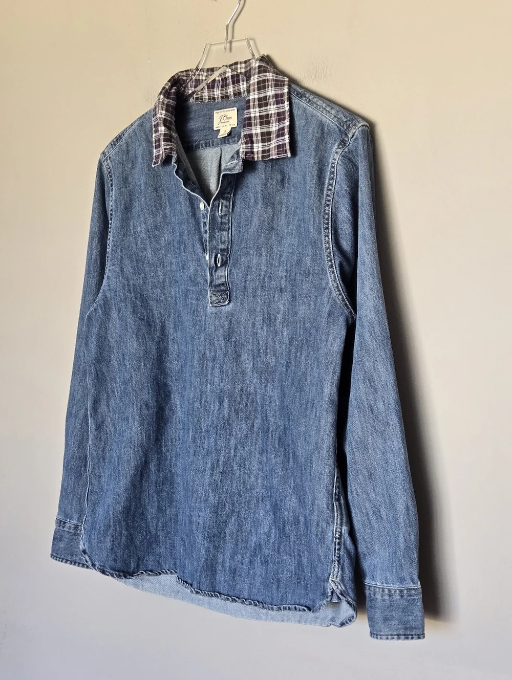 J. Crew Men’s Blue Denim Rugby Long-Sleeve Shirt with Plaid Collar Preppy Size S